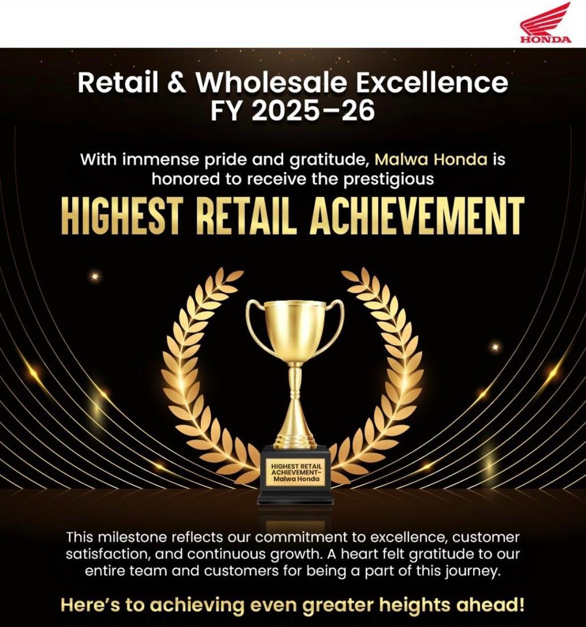 Malwa Honda — Highest Retail Achievement FY 2025-26