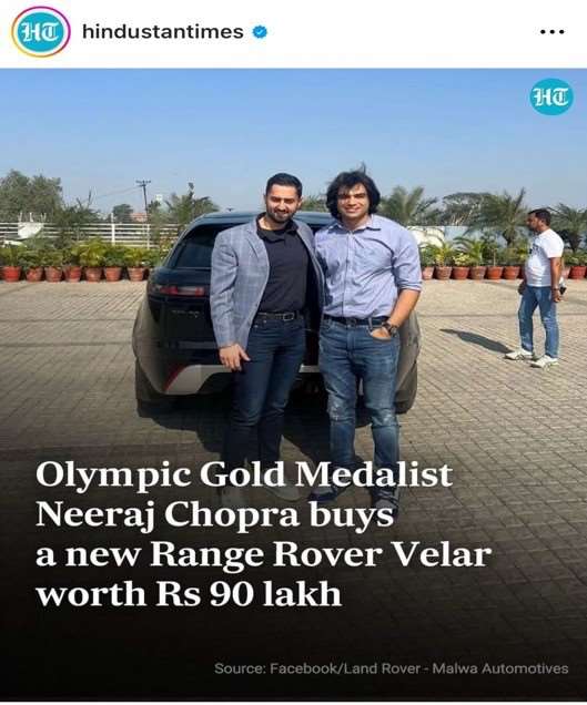 Olympic Gold Medalist Neeraj Chopra takes delivery of a Range Rover Velar at Malwa Automotives